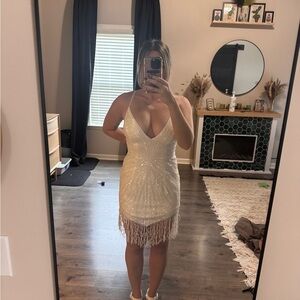 White Beaded Fringe Mini Dress
